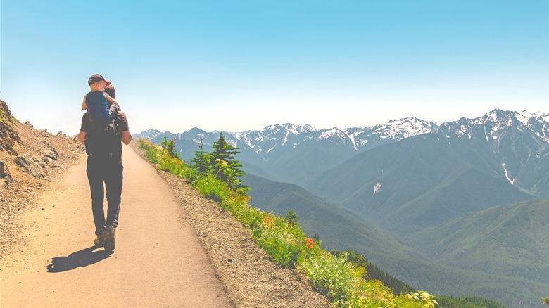 Man carrying child on mountain hike