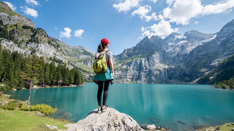 Woman overlooking Oeschinen Lake