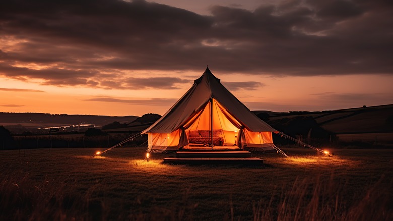 Glamping site at magic hour