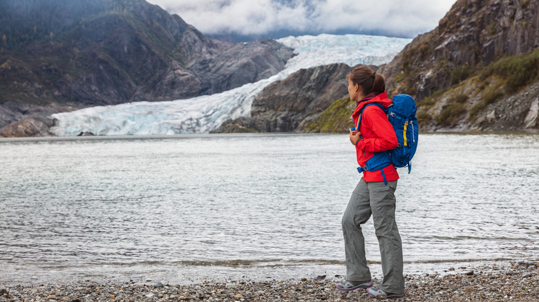 Tourist exploring Mendenhall Glacier