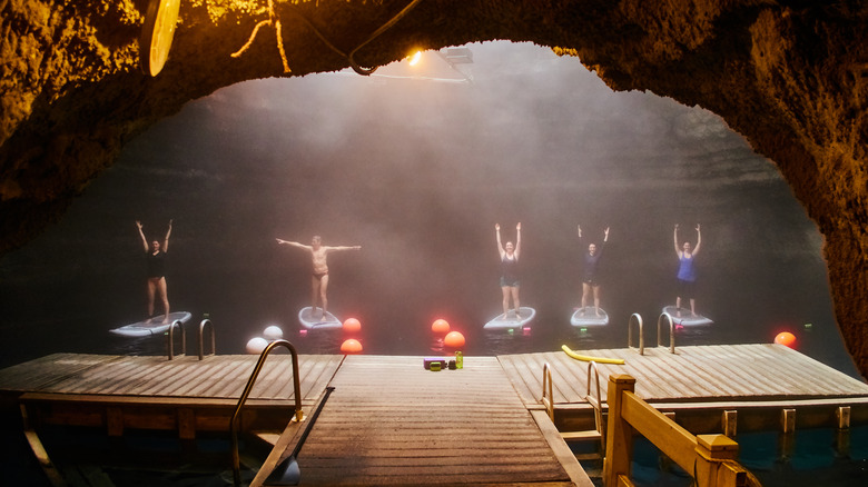 Yoga on paddleboards in Homestead Crater