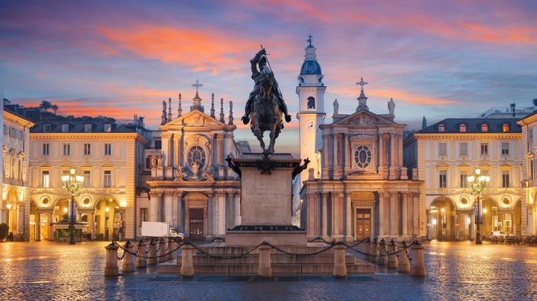 Piazza San Carlo during twilight.