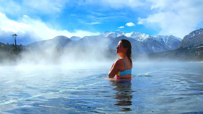 Woman in hot spring bath