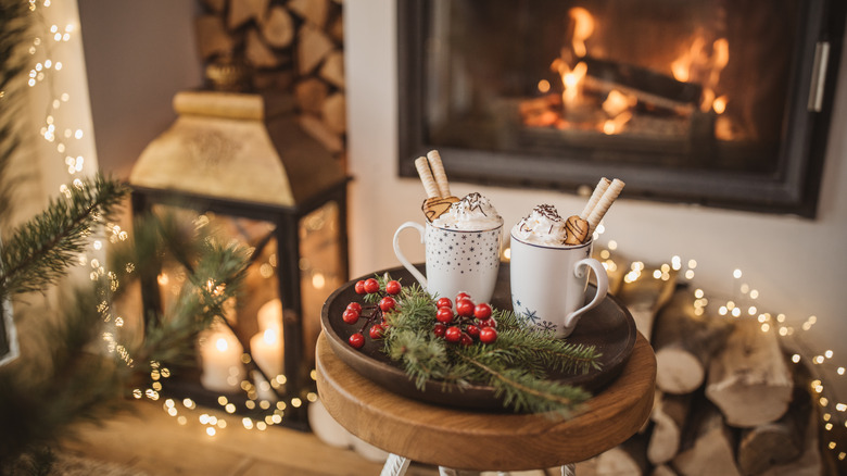 hot chocolate cozy fireplace