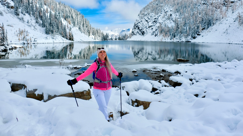 Woman snowshoeing in Banff National Park